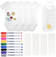 HTTYHT 4-delige slabbetjes om te beschilderen DIY Witte baby slabbetjesset Katoenen halsdoek 4-delige bodysuit met korte mouwen met 9 textielstiften en 2 schildersjablonen voor babyfeestjes Babyshower
