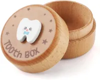 Allecto Plus - Houten tandendoos met 3D witte tand cartoon afbeelding - Tanden opslag met sterren - Voor jongen en meisje - Tandendoos houder - Souvenir