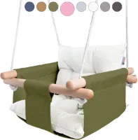 Houten babyschommel binnen, buiten, tuin. Babyschommel met veiligheidsgordel. Babyschommel voor binnen vanaf 12 maanden. Kinderzwaaideur, kamerschommel voor peuters, groen.