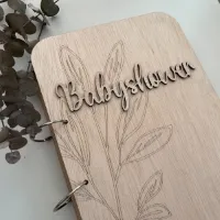 Houten bewaarbundel - Babyshower bundel met bloem - Kaarten bewaarboek - Herinneringenmap - Herinneringen - Map - Kraamcadeau - Bewaarboek - Memories - Gepersonaliseerd - Gegraveerd
