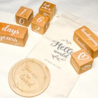 Houten mijlpaal blokken - Cadeauset - 6 Blokken, 1 houten schijfje - zakje & cadeaudoosje - leeftijd en momenten -  Zwangerschap aankondiging - Kraamcadeau - Geboortecadeau - Verjaardagscadeau -  Mijl