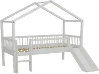 Huisbed Forrest - 90 x 200cm - met glijbaan - massief beukenhout - wit - Vipack - Kinderbedden met uitvalbeveiliging - Wit - Hout - Kinderbedden met uitvalbeveiliging - Eenpersoons - Halfhoogslaper