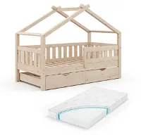 Huisbed van Natuurlijk Hout met Logeerbed en Matras 80x160 cm