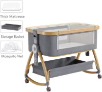 J&R Babybed - Co-sleeper - Wieg - Kinderbed - Ledikant - Hoogte verstelbaar - Opvouwbaar - Wielen - Klamboe - Opbergruimte - Wiegen - Grijs/goud