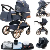 J&R Kinderwagen 3 in 1 - Kinderwagen - Bedje - Buggy - Autostoel - Opvouwbaar - Aluminium frame - Blauw - Goud - Zwart