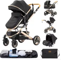J&R Kinderwagen 3 in 1 - Kinderwagen - Bedje - Buggy - Autostoel - Opvouwbaar - Aluminium frame - Zwart - Goud