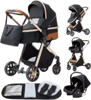 J&R Kinderwagen 3 in 1 - Kinderwagen - Bedje - Buggy - Autostoel - Opvouwbaar - Aluminium frame - Zwart - Goud
