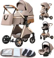 J&R Kinderwagen 3 in 1 - Kinderwagen - Bedje - Buggy - Autostoel - Opvouwbaar - Aluminium frame - Beige/Khaki - Goud - Bruin