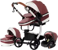 J&R Kinderwagen 3 in 1 - PU leer Kinderwagen - Bedje - Buggy - Autostoel - Opvouwbaar - Magnesium alloy frame - PU leer - Rood/wit/zilver