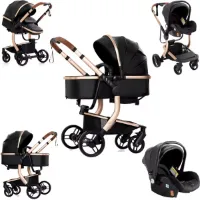 J&R Kinderwagen 3 in 1 - PU leer Kinderwagen - Bedje - Buggy - Autostoel - Opvouwbaar - Magnesium alloy frame - PU leer - Zwart/Goud