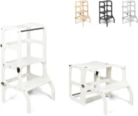 JGS® - Montessori Leer- en Speeltoren 2-in-1 met Tafelfunctie, Wit en Zilveren Sluitingen-