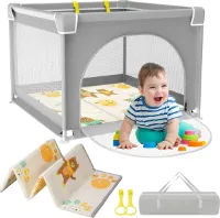 JGS® - Veilige en Opvouwbare Babybox met Matras, 90x90 cm - Ademend Mesh Design - Antislip Basis - Grijs -