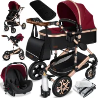 KESSER® Kinderwagen 3 in 1 Loops Wandelwagen Set incl. Autostoel & Reiswieg & Buggy Sportzitje - Massieve Rubberbanden - Luiertas / Regenhoes - Rood / Champagne