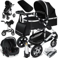 KESSER® Kinderwagen 3 in 1 Loops Wandelwagen Set incl. Autostoel & Reiswieg & Buggy Sportzitje - Massieve Rubberbanden - Luiertas / Regenhoes - Zwart / Zilver