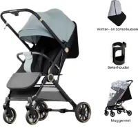 Kaëru Kinderwagen - Tweerichtingsontwerp - Lichtgewicht Aluminium Frame - Schokbestendige PU Banden - Verstelbare Handgreephoogte - Draagvermogen 25 kg - Lichtblauw/Zwart