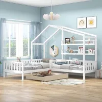 Kinderbed huisbed met opbergladen en planken, L-vorm, wit, 90x200 cm + 140x70 cm