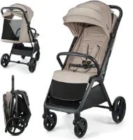 Kinderkraft LOOM - Wandelwagen - Lichtgewicht - Compact - Wendbaar - Vering - Automatisch inklapbaar - Lekvrije wielen - Verstelbare rugleuning - Grote zonnekap - Beige