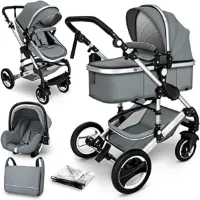 Kinderwagen 3 in 1 - Babywagen 3 in 1 - Wandelwagen - Kinderwagen 3 in 1 Incl Autostoel - Grijs/Zilver
