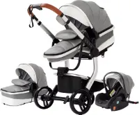 Kinderwagen 3 in 1 - Leer - Opklapbare Wandelwagen - incl. autostoel - 0-25kg - XXL - Buggy 3in1- Hoge Kwaliteit - Grijs