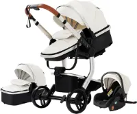 Kinderwagen 3 in 1 - Leer - Opklapbare Wandelwagen - incl. autostoel - 0-25kg - XXL - Buggy - Hoge Kwaliteit -Wit