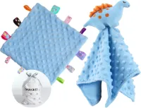 Knusse pluche babydeken met blauwe dinosaurus design en label