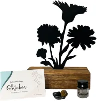 Kraamcadeau - geboortebloem beeld- OKTOBER - goudsbloem - mét tandendoosje / potje / haarlokpotje en beschermende edelsteentjes - metaal in houten sokkel - baby cadeau - babyshower cadeau
