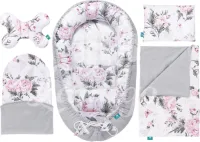 Lantigo 5-in-1 Compleet newborn set Knuffelkokon, inclusief kussen, babydeken, ergonomisch matras en hoogwaardige basisuitrusting Pink Flowers Grey