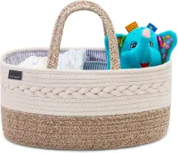 Luier Caddy Organizer - Draagbare Opbergmand voor Babykamer - Verwisselbare Compartimenten - 100% Katoenen Geweven Touw Mand - Auto en Commode Tafel - Pasgeboren Cadeau verschoonmand