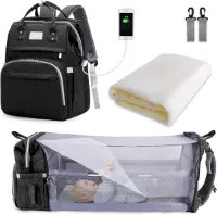 Luiertas Rugzak - Grote Capaciteit Luiertas - Draagbare Reistass met Opvouwbaar Babybed - Babybed Rugzak - Zwart