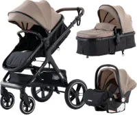 Luxe 3-in-1 Kinderwagen - Wandelwagen - Autostoeltje - Buggy - Inklapbaar - Khaki en zwart - 0-36 Maanden