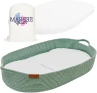 Luxe aankleedmat met extra reismat - schuimstofmatras en waterafstotende overtrek - Moise babymand van katoenen touw (GROEN)