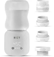 MIZY - Draagbare Baby Flessenwarmer - Oplaadbaar - Flessenwarmer Onderweg en Thuis - Intelligente Flesverwarmer - Melkopwarmer - 4 Adapters - 4 Temperatuurniveaus - Draadloos - USB Oplaadbaar - Wit