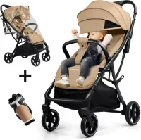 Memores Plooibuggy Khaki- Buggy Inklapbaar Inclusief Regenhoes en Bekerhouder - Peuter - Extra licht & Compact voor Vliegtuig, Auto & OV - Extra Veilig en Wendbaar door Grote Massieve Wielen - Tot 4 j