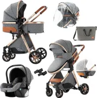 Mookes 3-In-1 Lichtgewicht Kinderwagen Luxe Hoog Landschap Kinderwagen Voor Pasgeborenen Compacte Regenhoes Kinderwagen Voor Baby Grey