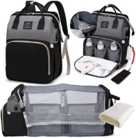 Multifunctionele Luierrugzak met Uitbreidbaar Babybed, Aankleedkussen, Isolatietas, Muggennet en USB-Oplaadpoort - Zwart/Grijs - Grote Capaciteit