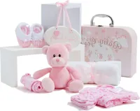 Nieuwe geschenkmand voor babyfeestjes - roze fleece handdoek met capuchon - babykleding - 2 muildoekjes - schattige teddybeer - doopcadeaus - meisjes jongens baby gift