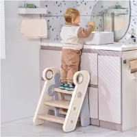 Opstapkruk voor Kinderen - Verstelbaar, 3 tot 2 Treden - Opvouwbaar - Van Kunststof - Tot 68 kg - Met Handgrepen - Ideaal voor Netheidstraining - Geschikt voor Keuken, Badkamer, Kinderkamer - Grijs