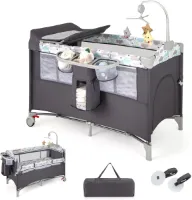 Opvouwbaar babybed met luiertafel, reisbed baby met speelboog en muziekbellen, mobiel kinderreisbed met opbergtas, voor baby van 0-36 maanden, grijs, eenpersoon