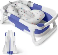 Opvouwbare Babybad Kuip met Kussen Pad - Anti-Slip Benen - Voor Pasgeboren Baby Peuter Kids - Blauw en Wit