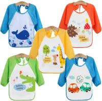 Pakket van 5 waterdichte baby slabbetjes met lange mouwen en vangbescherming, geschikt voor 1-3 jaar (jongens pakket van 5).