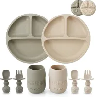 PandaEar Siliconen babyserviesset | Set van 2 verdeelde zuignapborden van siliconen en 2 kleine kopjes met 2 lepels en 2 vorken | Babybenodigdheden (walnoot)