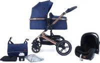 Pixini NEYLA 3 in 1 Wandelwagen, Trio, Kind, Autostoel, Accessoires (Goud/Blauw)