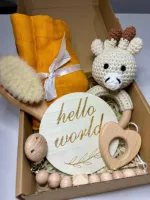 Playos® - Baby Giftset - Giraffe - Okergeel - 6 delig - Kraamcadeau - Bijtring - Speenkoord - Babyshower - Geschenkset Baby - Baby Speelgoed - 0 Jaar - Geboortecadeau