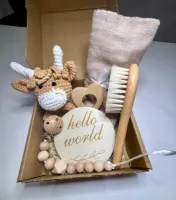 Playos® - Baby Giftset - Koe - Taupe - 6 delig - Kraamcadeau - Bijtring - Speenkoord - Babyshower - Geschenkset Baby - Baby Speelgoed - 0 Jaar - Geboortecadeau