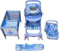 Poppenset - Buggy - Maxi-Cosi - Kinderbedje prinsessenplaatjes blauw - Verjaardagscadeau