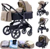 Premium 3-in-1 Kinderwagen - Draagbaar, Opvouwbaar, met Vering - Aluminium Frame - Inclusief Autostoel - Kwalitatieve Buggy voor Pasgeboren Baby - Luxe Multifunctionele Combi Kinderwagen - Khaki / Zwa