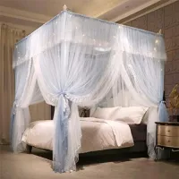 Prinsessen Hemelbed met Ruches - Vierkant Klamboe met 4 Openingen - Dubbel Laags Muskietennet - Romantisch en Zacht - Grijs/Wit - 150x200x210 cm