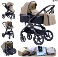 RFWR® 3-in-1 Kinderwagen Met Driewieler Design - Hoge Landschap, Vouwbaar, Geschikt Voor Kinderen Van 0-36 Maanden in Khaki