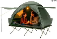 RFWR® Veldbed met Tent voor 2 Personen - 4-in-1 Campingoplossing, Waterdichte Familietent met Roltas en Netvensters