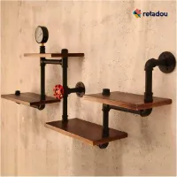 Retadou - Industriële wandplankorganizer voor buizen, rustiek metaal met houten planken, zwevende planken, decoratie voor woonkamer, slaapkamer en keuken